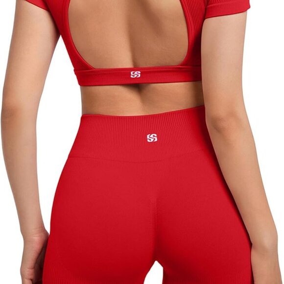 Open Back Short Sleeve Scrunch Butt Booty Shorts Seamless Ribbed Workout Sets 2 - Picture 3 of 5